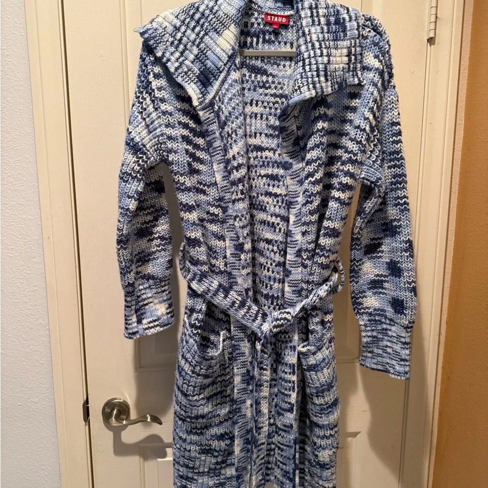 STAUD Blue and White Heavy Knit Sweater Sz XS pockets tie belt - Picture 1 of 9